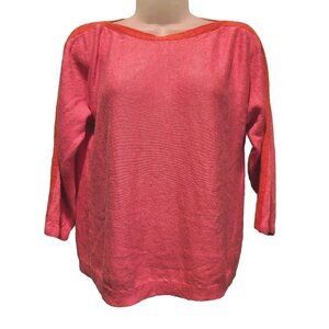 Eileen Fisher Pink Red Accent 100% Organic Linen 3/4 Sleeve Sweater Sz S